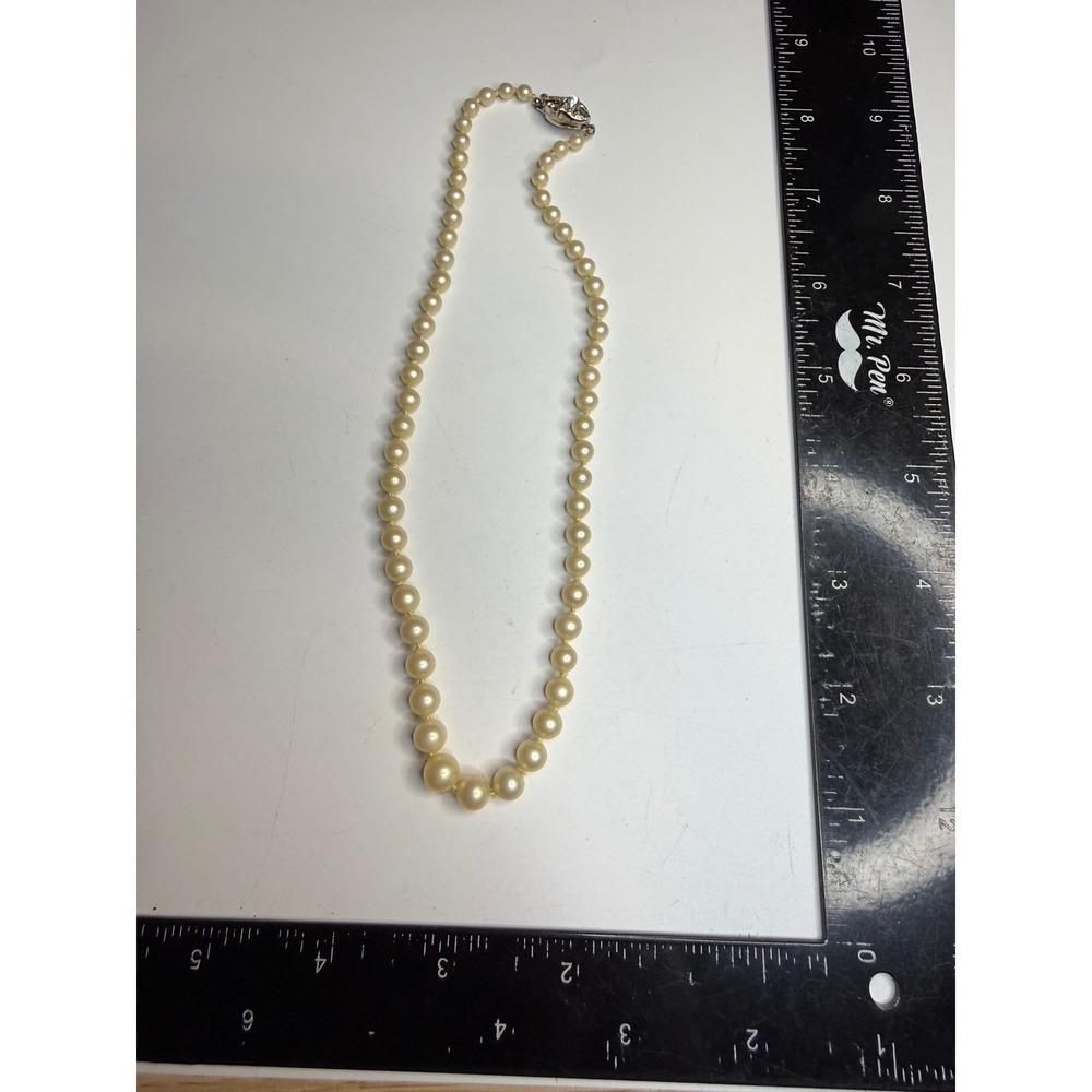 Trifari Faux Pearl Graduated Necklace Rhinestone Clasp Silver Tone Cream 17 Inch